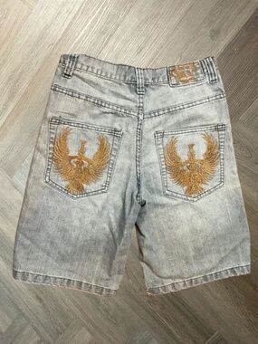 Y2K 90's Brooklyn Xpress Eagle Embroidered Denim Jean Shorts Mens 32 Light Wash